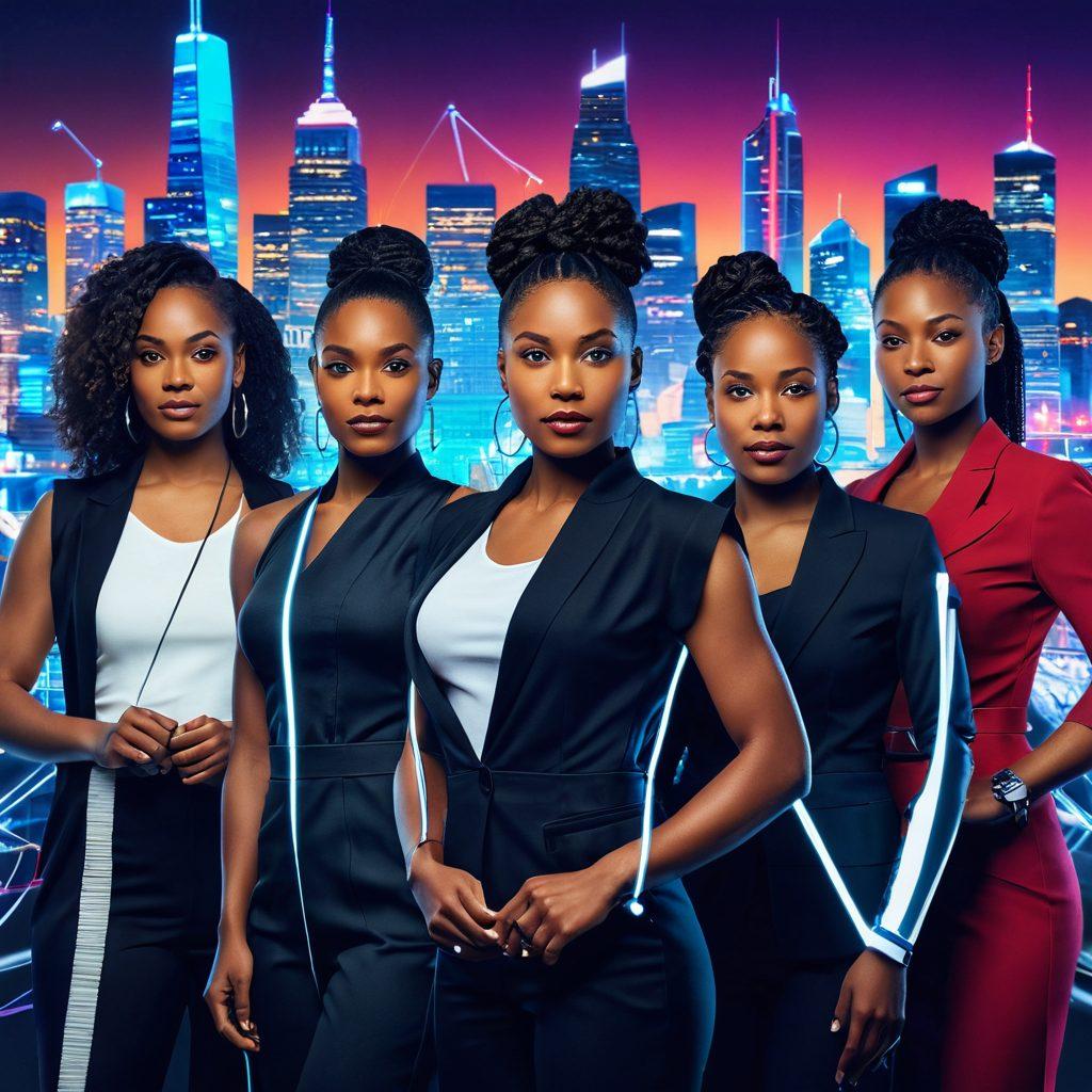 A diverse group of empowered women holding cables and connectors, standing confidently in a dynamic, futuristic setting that symbolizes the evolution of media and entertainment. Behind them, a vibrant city skyline with digital screens displaying various entertainment genres, illustrating their impact and influence. Emphasize strength and innovation with a glowing, tech-inspired aesthetic. vibrant colors. super-realistic. 3D.