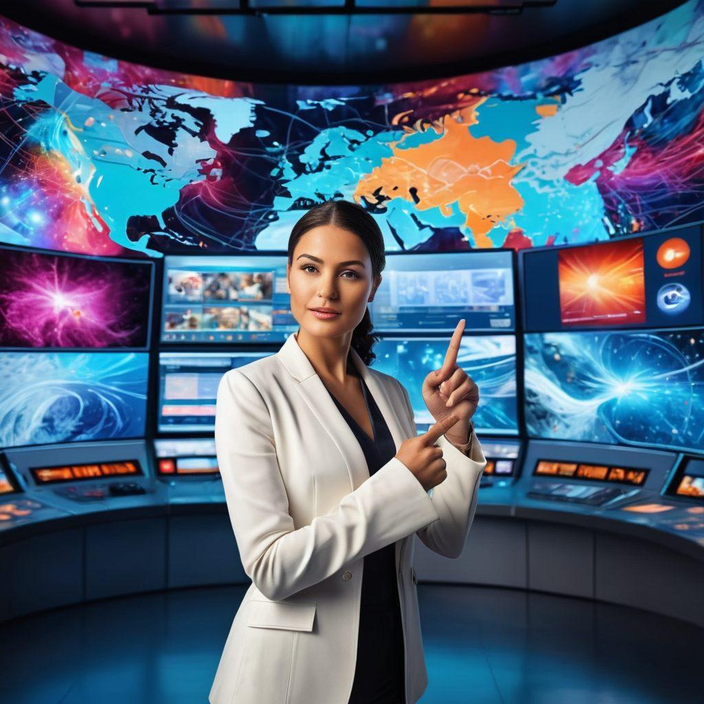 A powerful female leader standing confidently in front of a futuristic control room filled with screens displaying diverse media content. She is pointing towards a digital map showcasing global connectivity, symbolizing the breaking of barriers in the cable media industry. The atmosphere is vibrant and inspiring, with bright colors and dynamic visuals representing change and innovation. Include symbols of diversity and progress, like interconnected hands and abstract waves of media. super-realistic. vibrant colors. 3D.